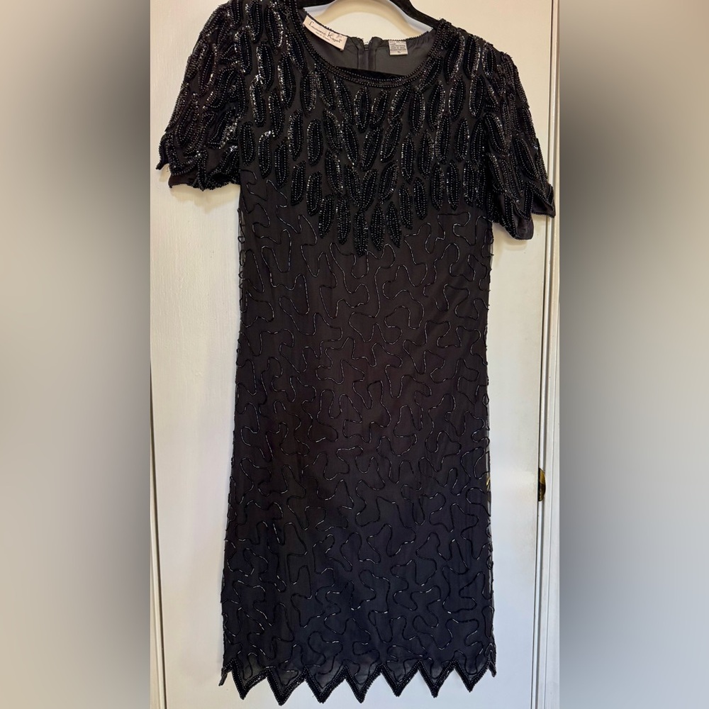 Laurence Kazar Black Beaded Midi Dress